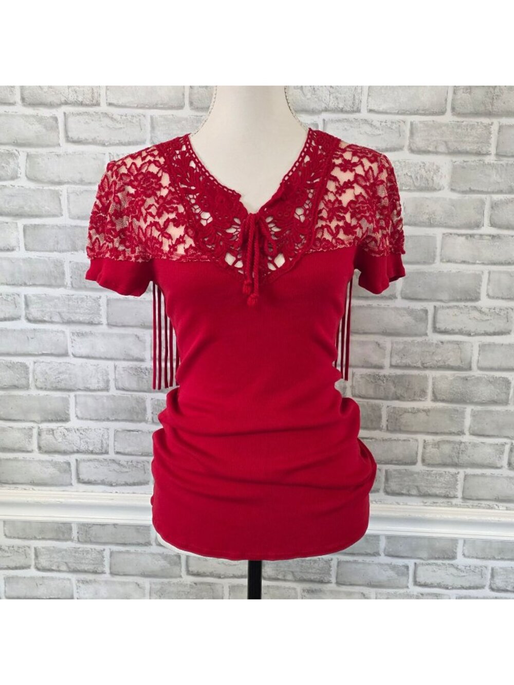 Rhonda Stark 100% Cotton Red Lace Fringe Top Mini Dress Western Cowgirl L NWT